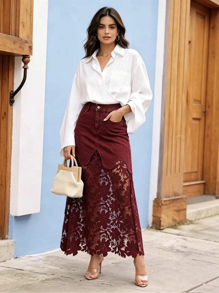 Joanna – Denim Maxi Skirt with Floral Lace Hem