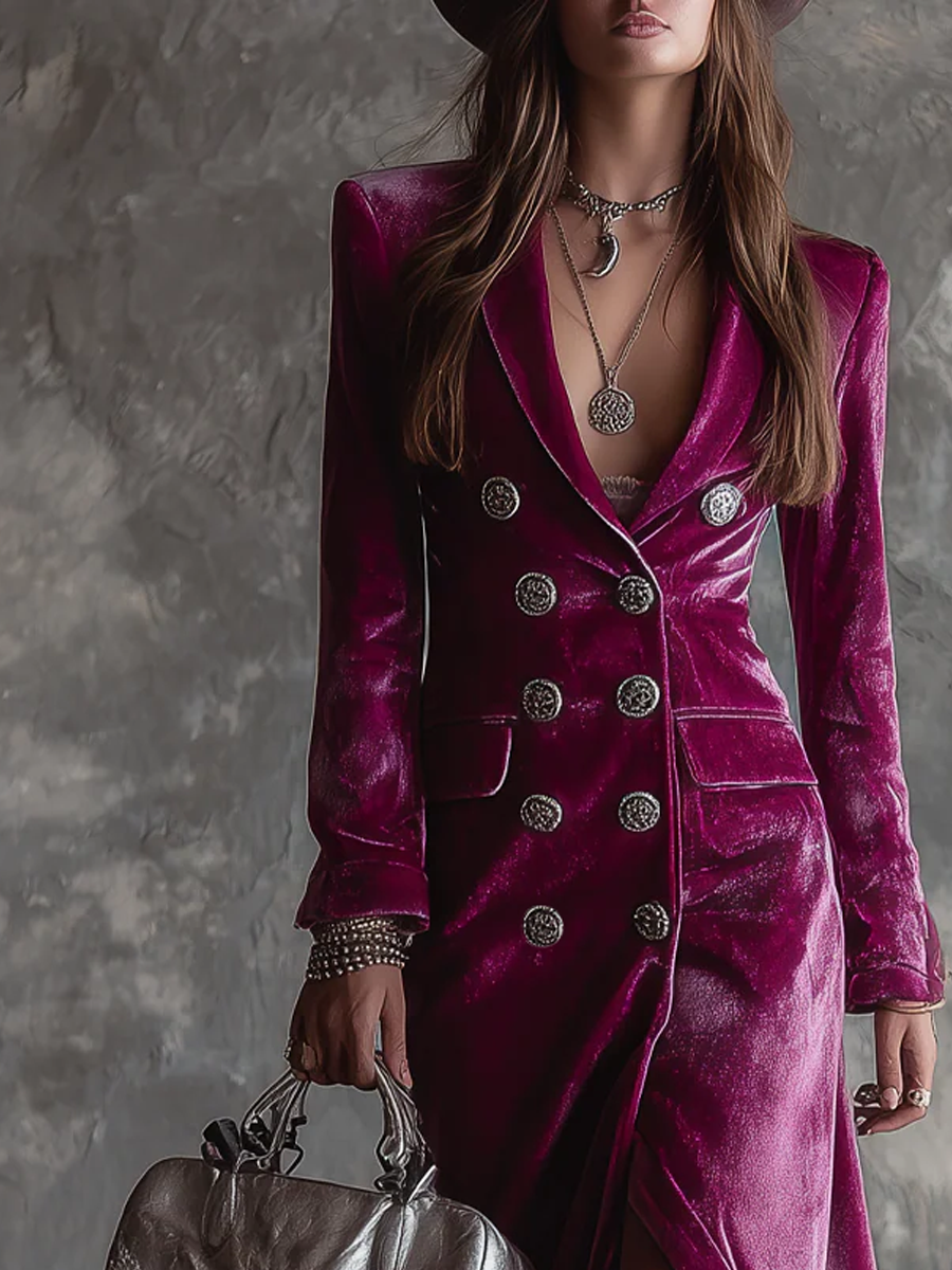 Fionnuala – Velvet Double-Breasted Longline Blazer Dress