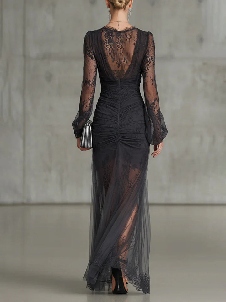 Ambrosia | Dark Grey Lace Ruched Maxi Dress