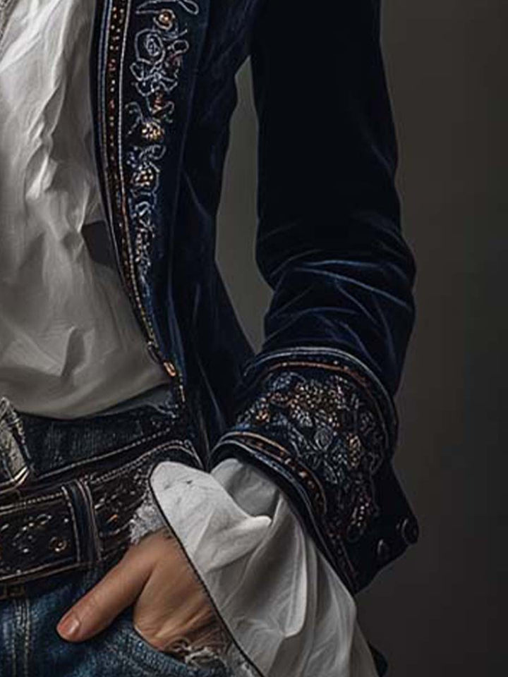 Roseanne – Embroidered Velvet-Look Long Jacket