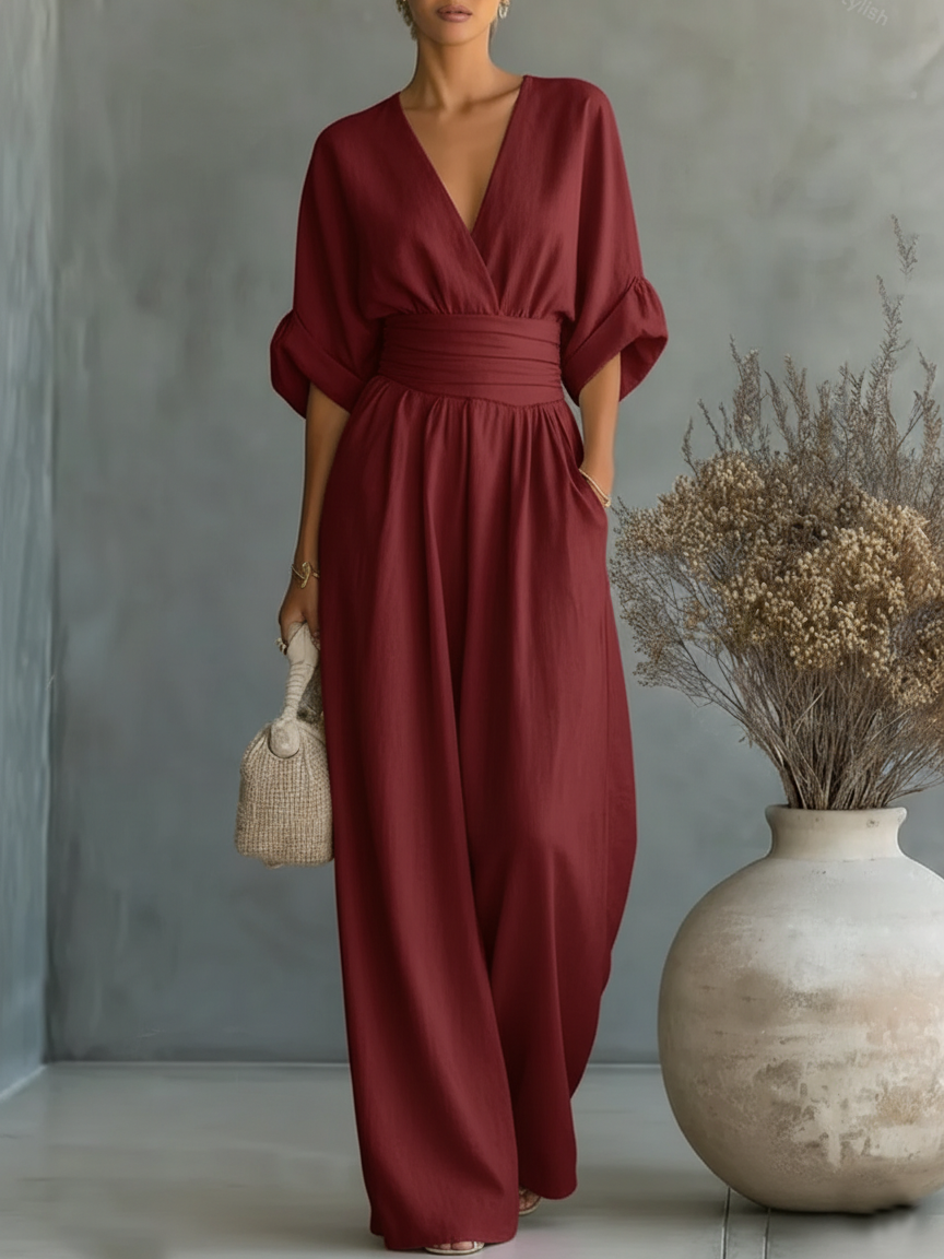 Beverley – Wide-Leg Belted V-Neck Jumpsuit