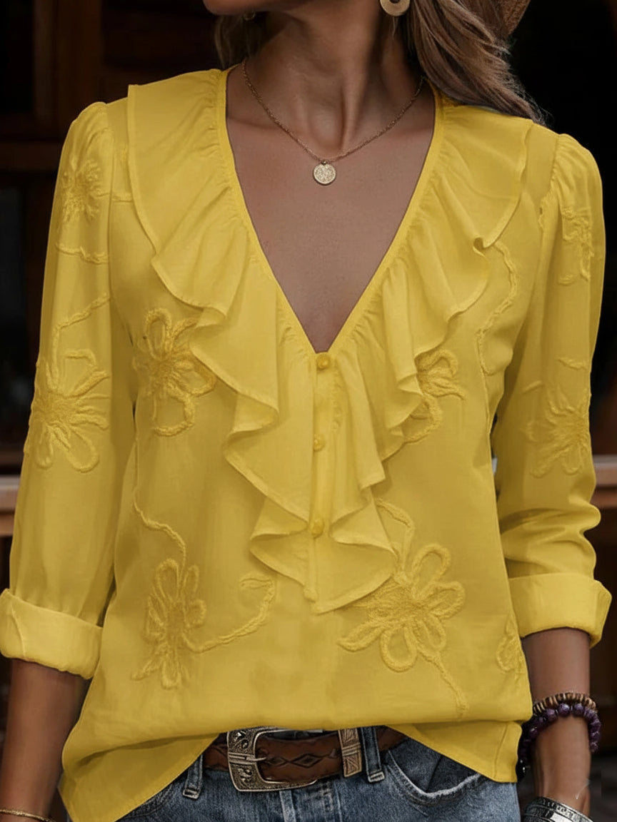 Phoebe – Ruffle V-Neck Floral Embroidered Blouse