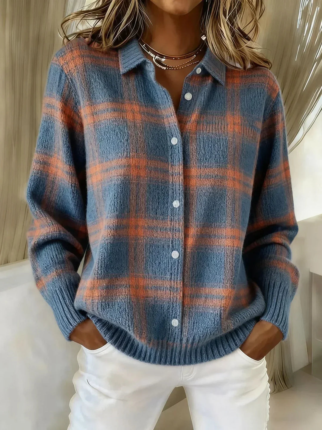Trudy – Plaid Knit Button-Up Cardigan