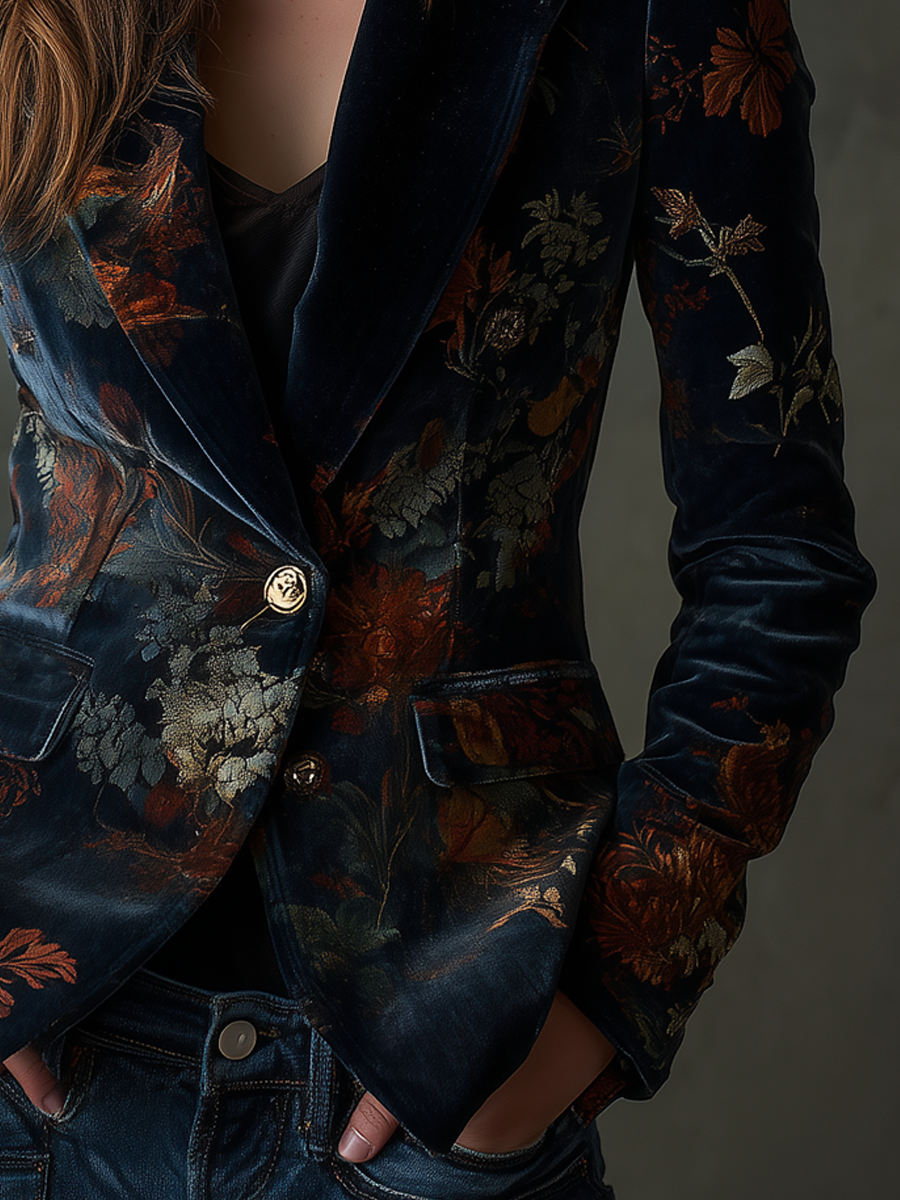 Sheena – Floral Velvet Blazer with Gold Buttons