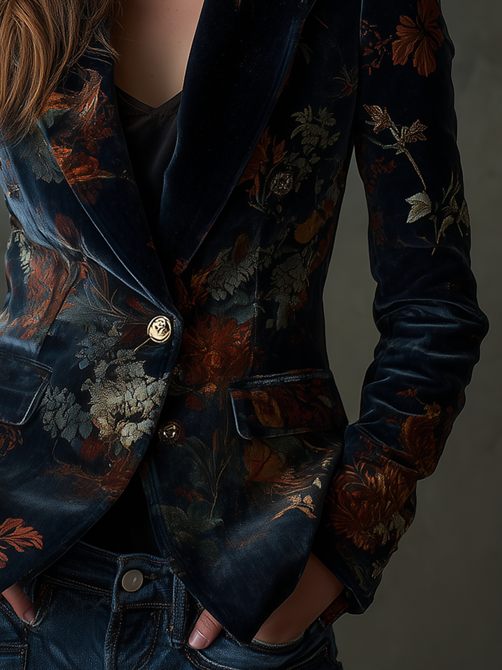 Sheena – Floral Velvet Blazer with Gold Buttons