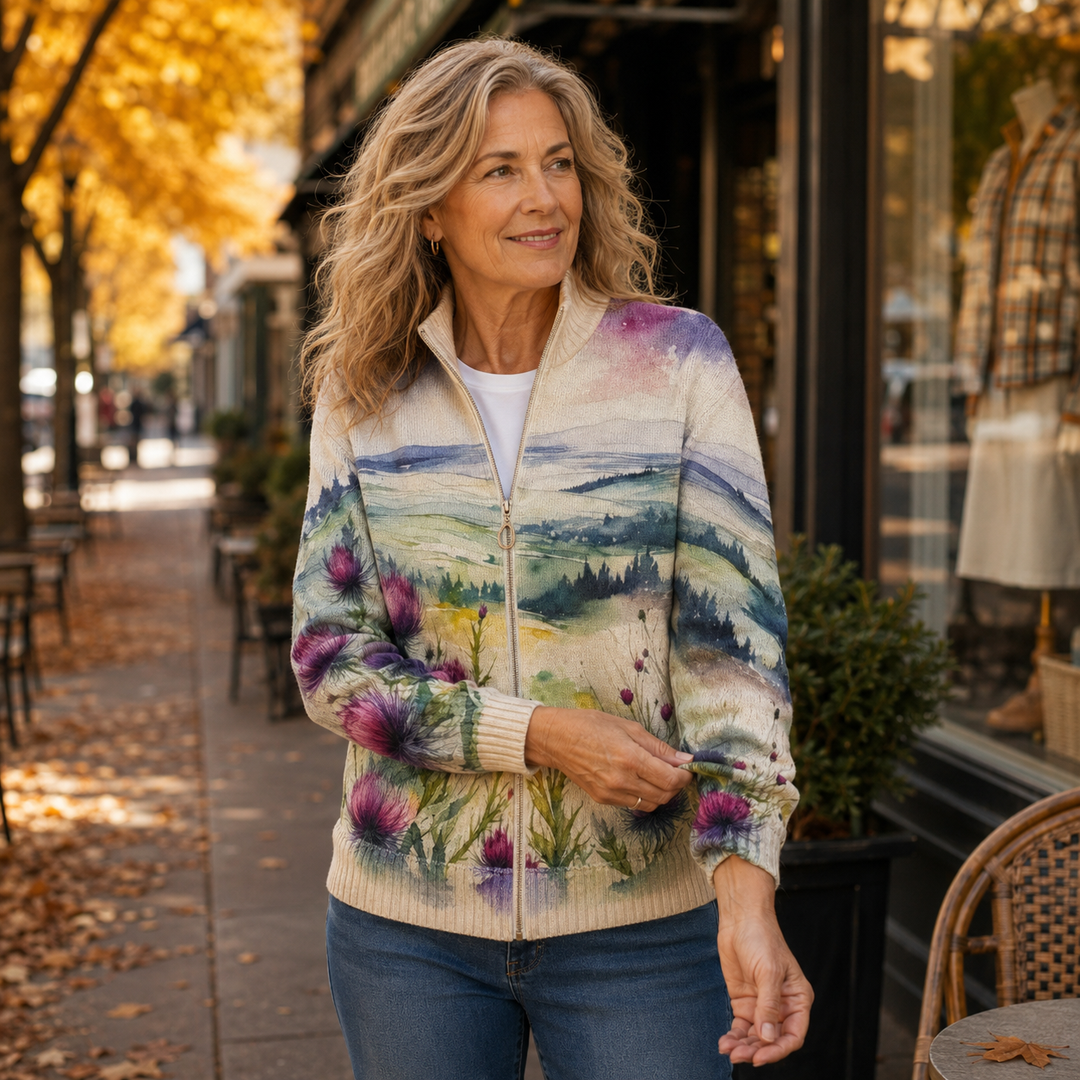 Janice – Watercolour Thistle Landscape Zip Cardigan