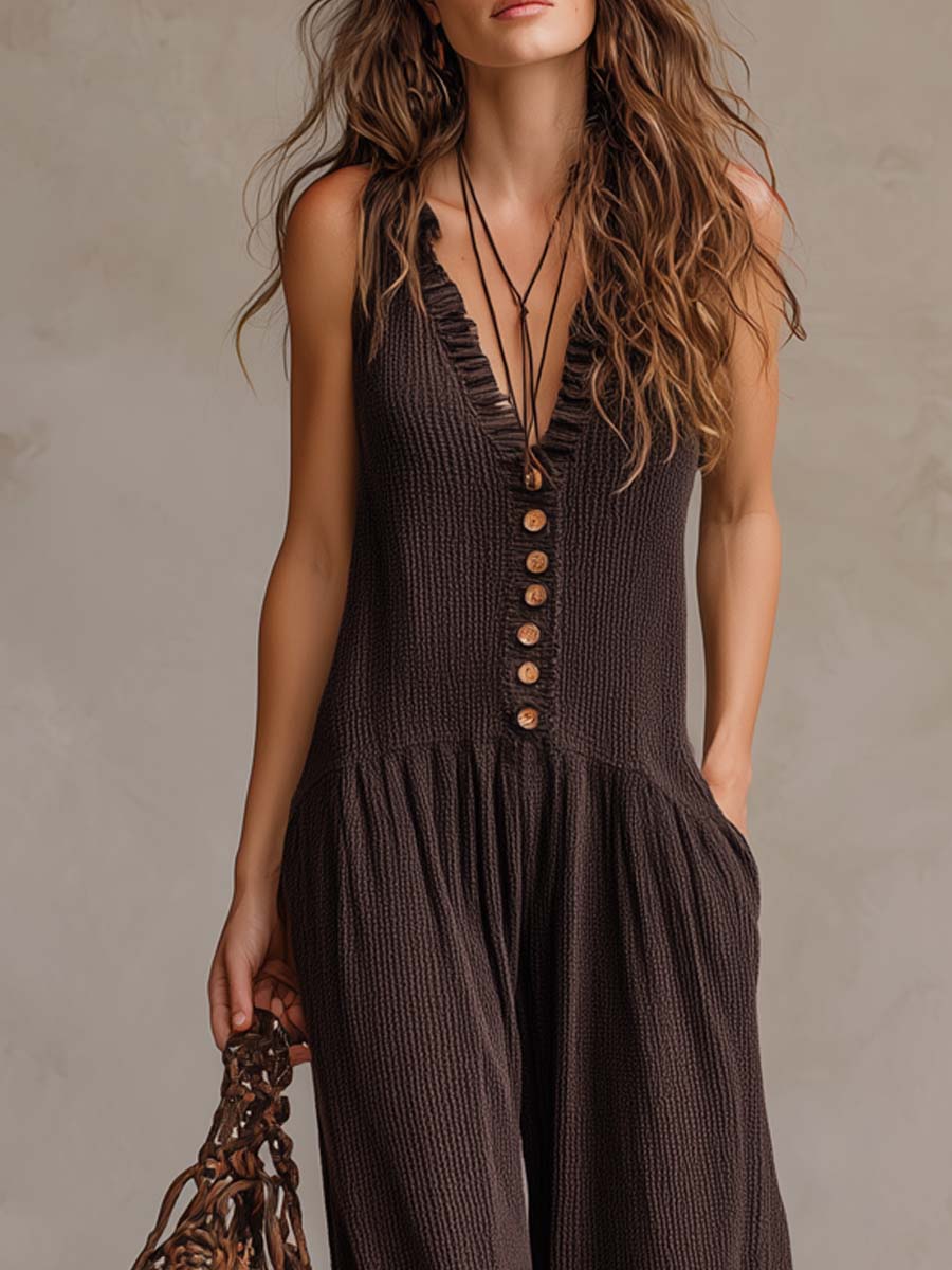 Wilhelmina – Boho Button-Front Wide Leg Jumpsuit