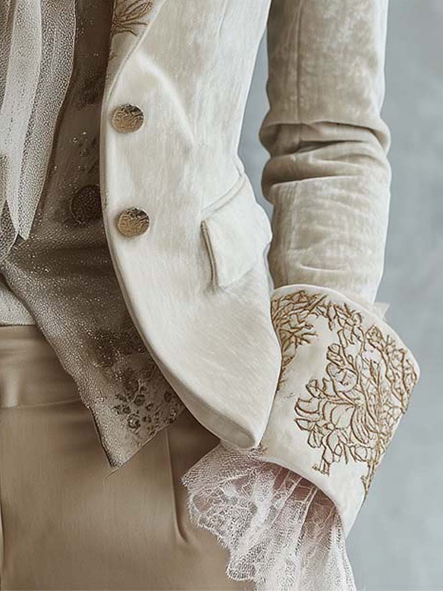 Hermione – Embroidered Blazer with Lace Cuff Detail