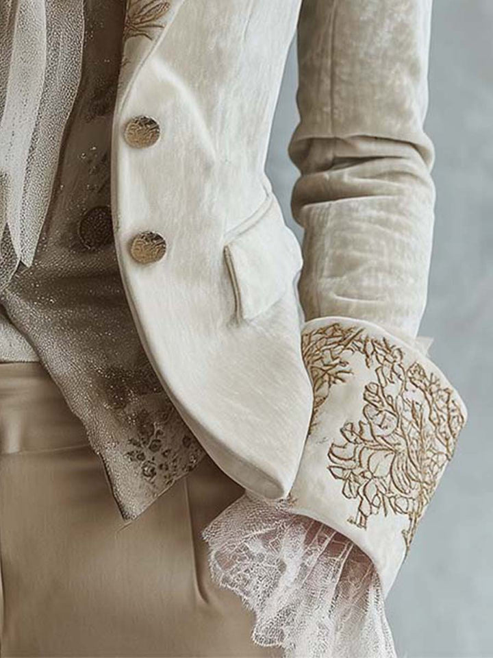 Hermione – Embroidered Blazer with Lace Cuff Detail