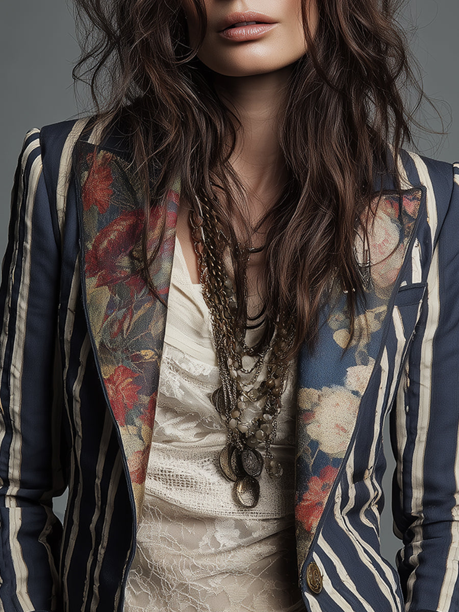Marion – Striped Blazer with Bohemian Floral Detail