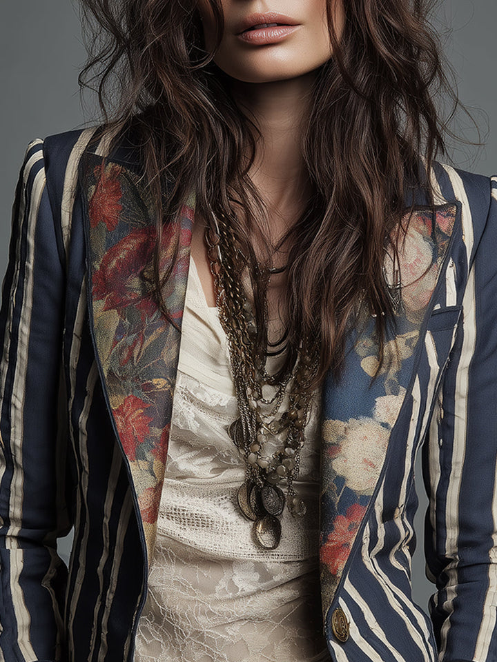 Marion – Striped Blazer with Bohemian Floral Detail