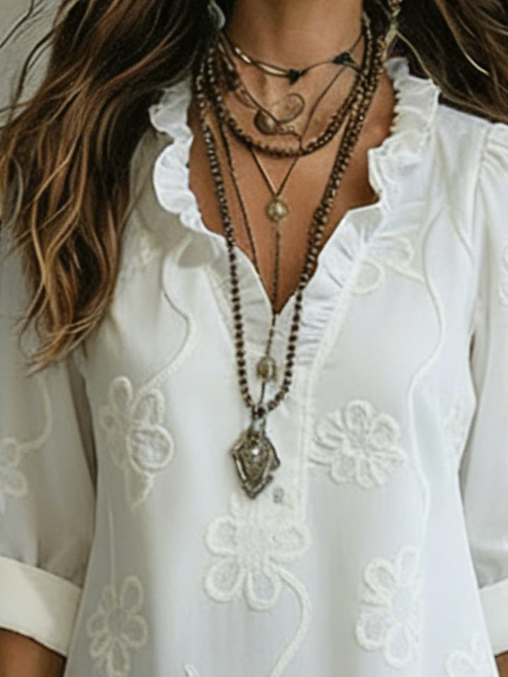 Jessamy – Embroidered Frill Neck Maxi Dress