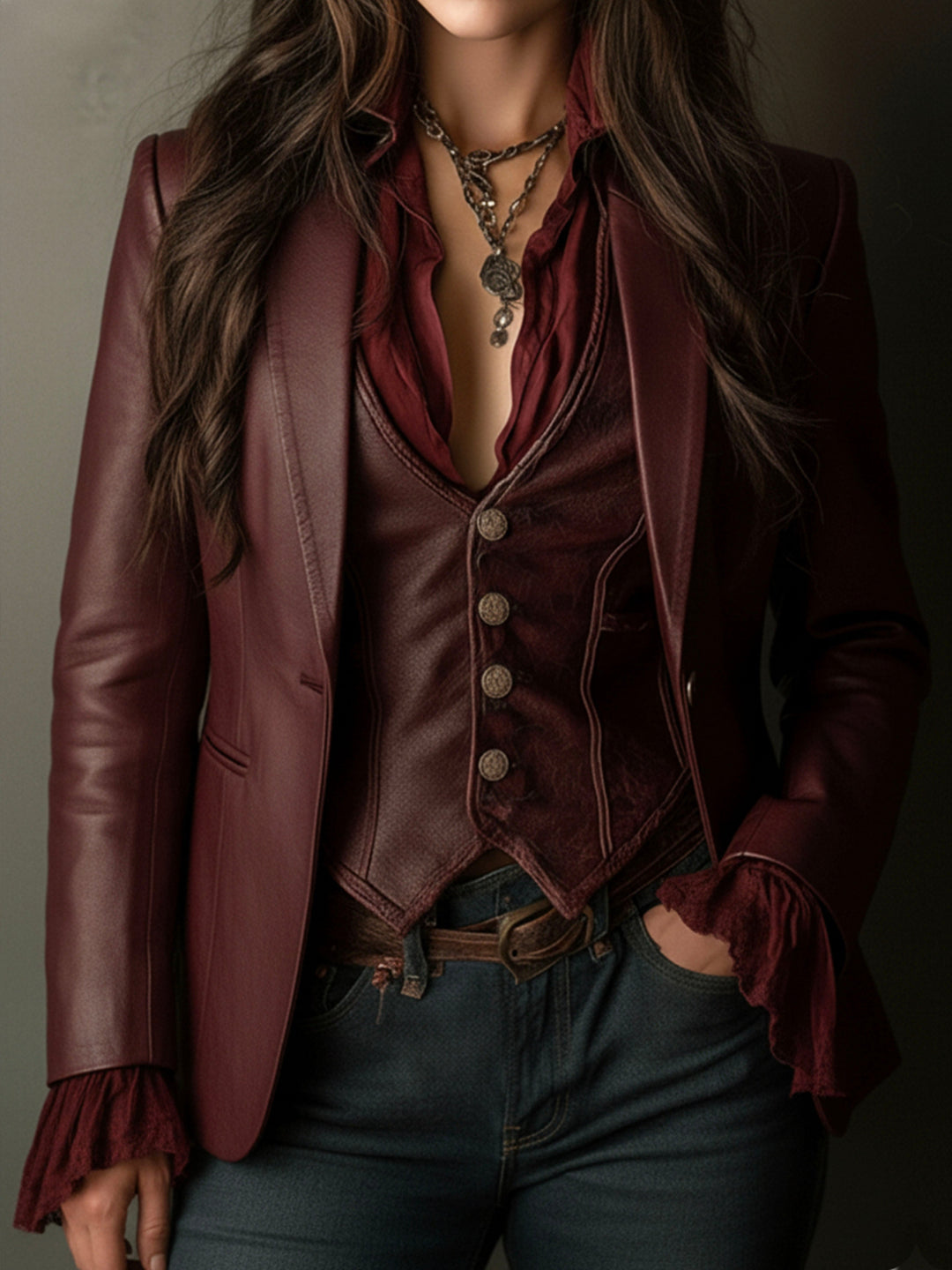 Rowena – Faux-Leather Blazer with Ruffle Detail