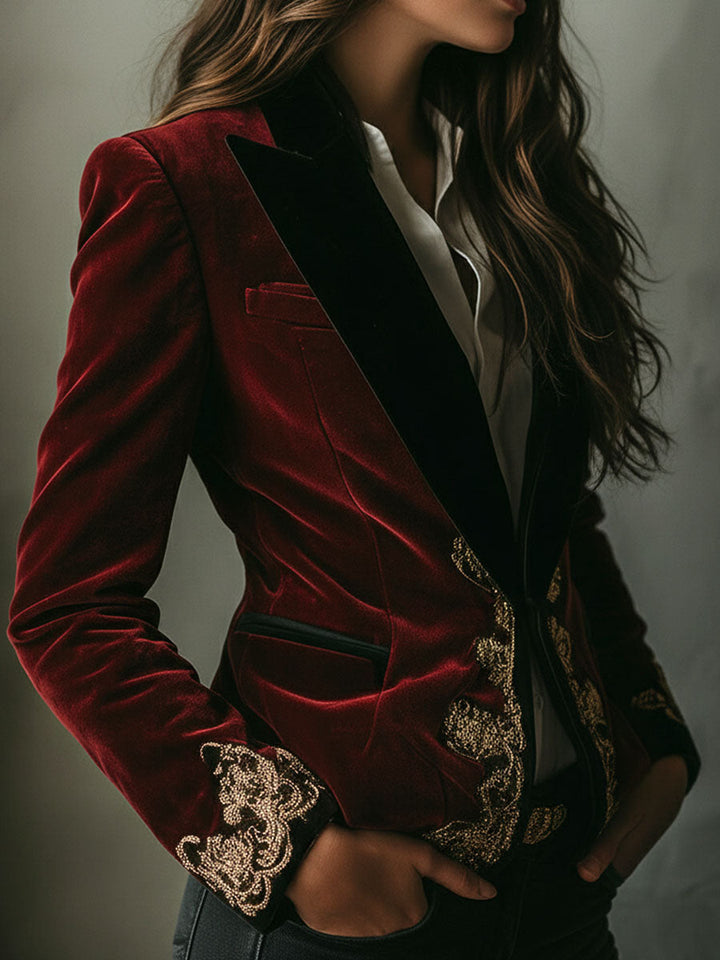 Winifred – Velvet Blazer with Gold Embroidery