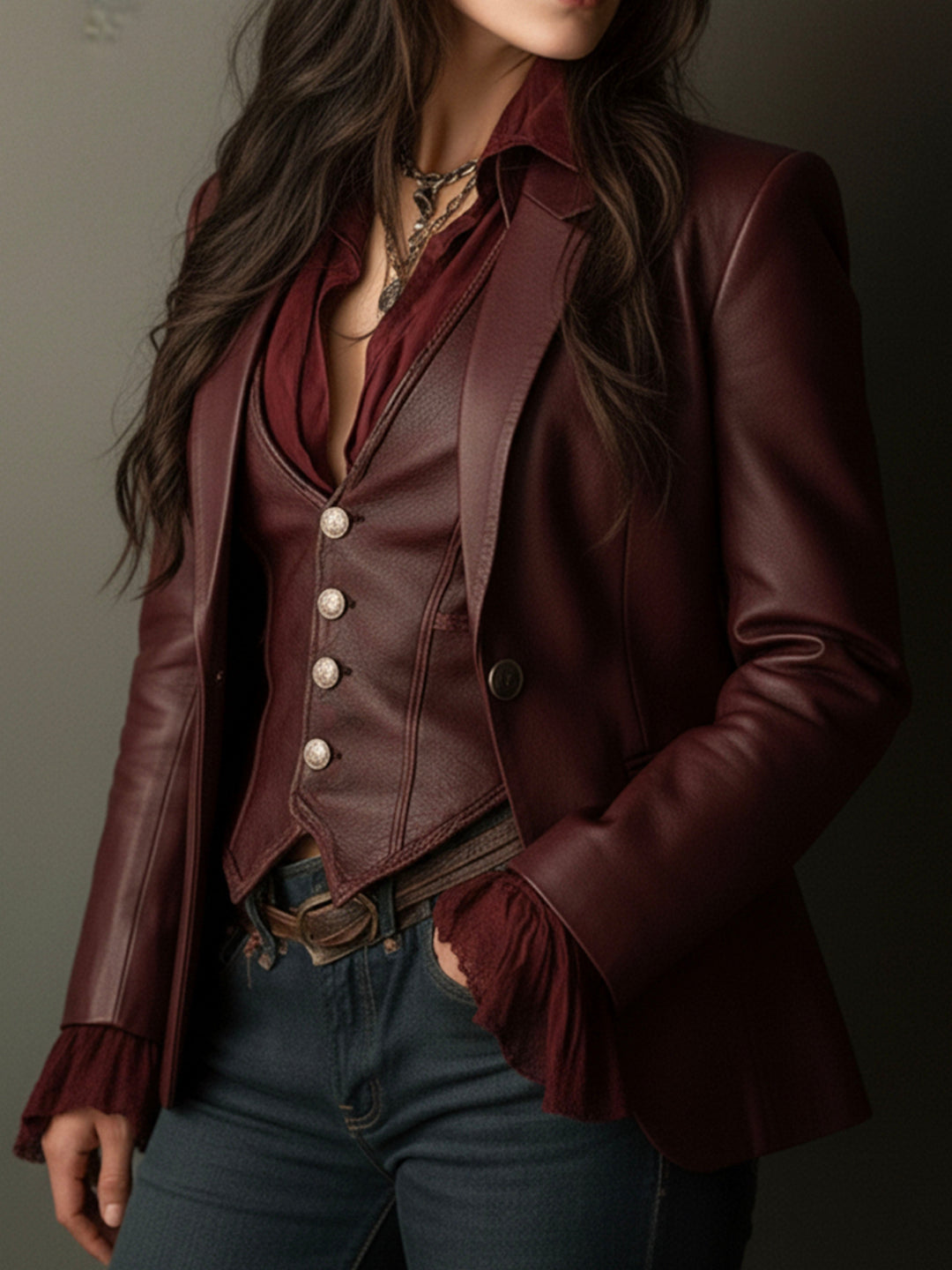 Rowena – Faux-Leather Blazer with Ruffle Detail