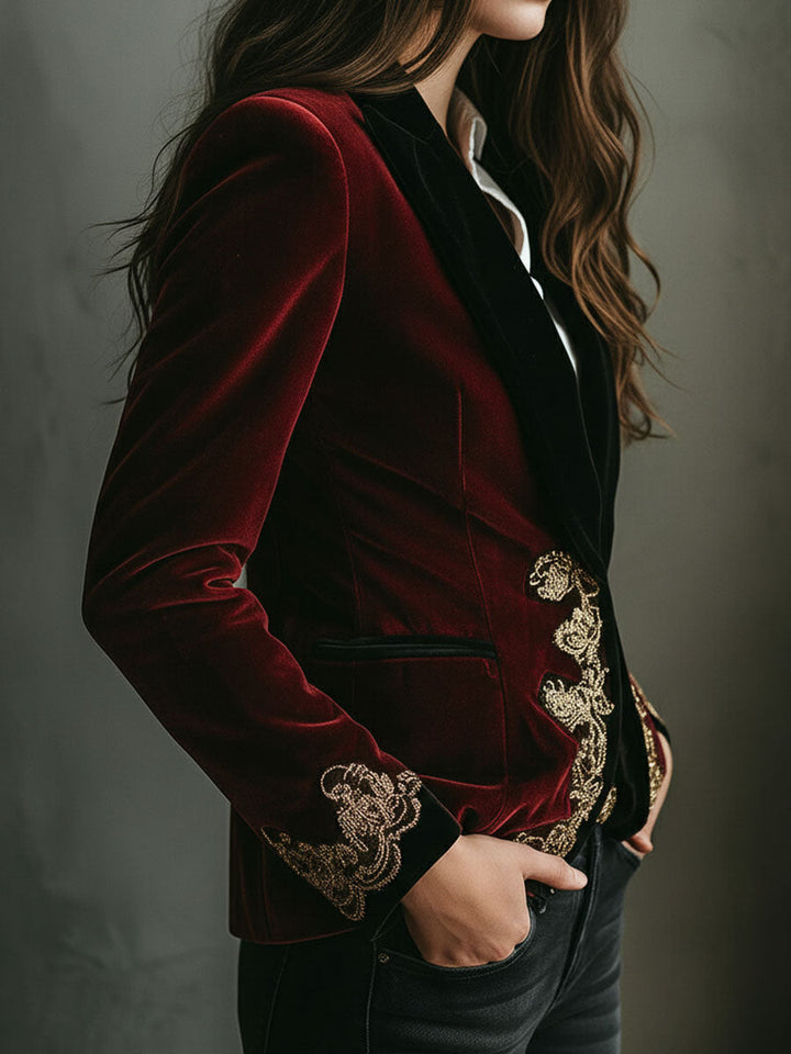 Winifred – Velvet Blazer with Gold Embroidery