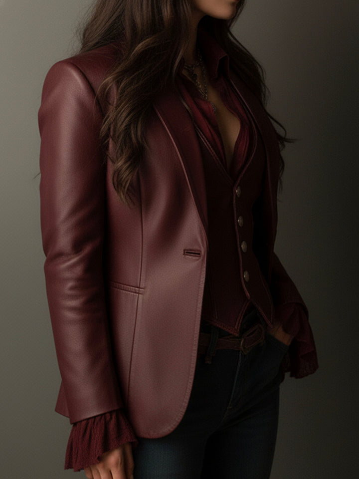 Rowena – Faux-Leather Blazer with Ruffle Detail