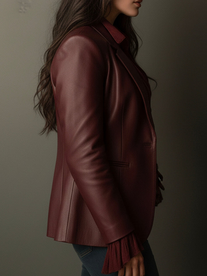 Rowena – Faux-Leather Blazer with Ruffle Detail