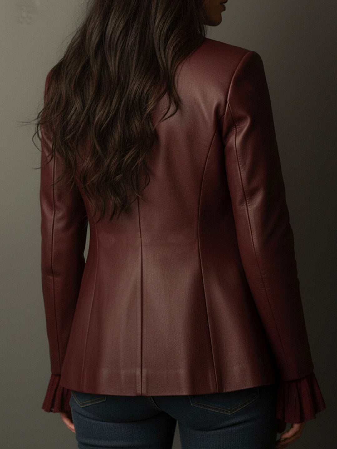 Rowena – Faux-Leather Blazer with Ruffle Detail