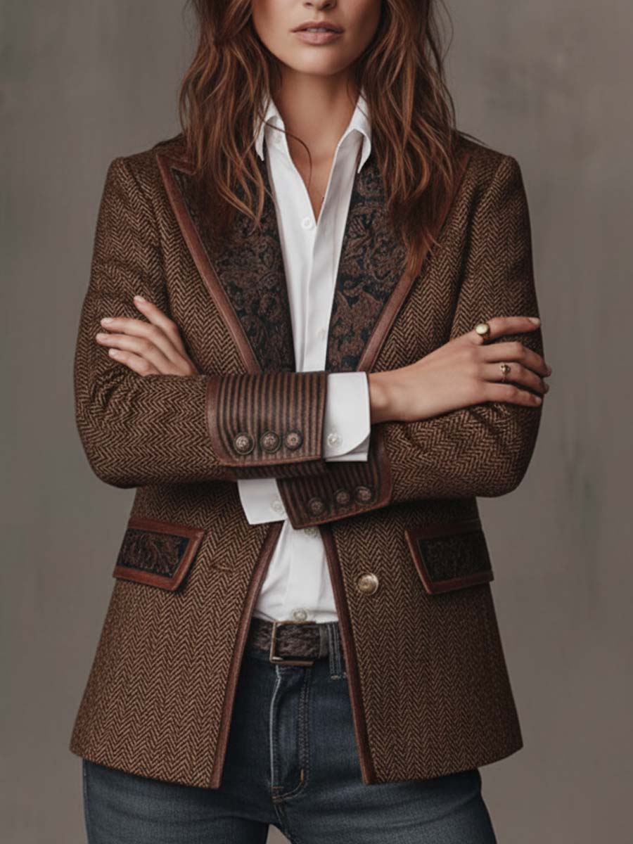 Esme – Herringbone Blazer with Printed Panels