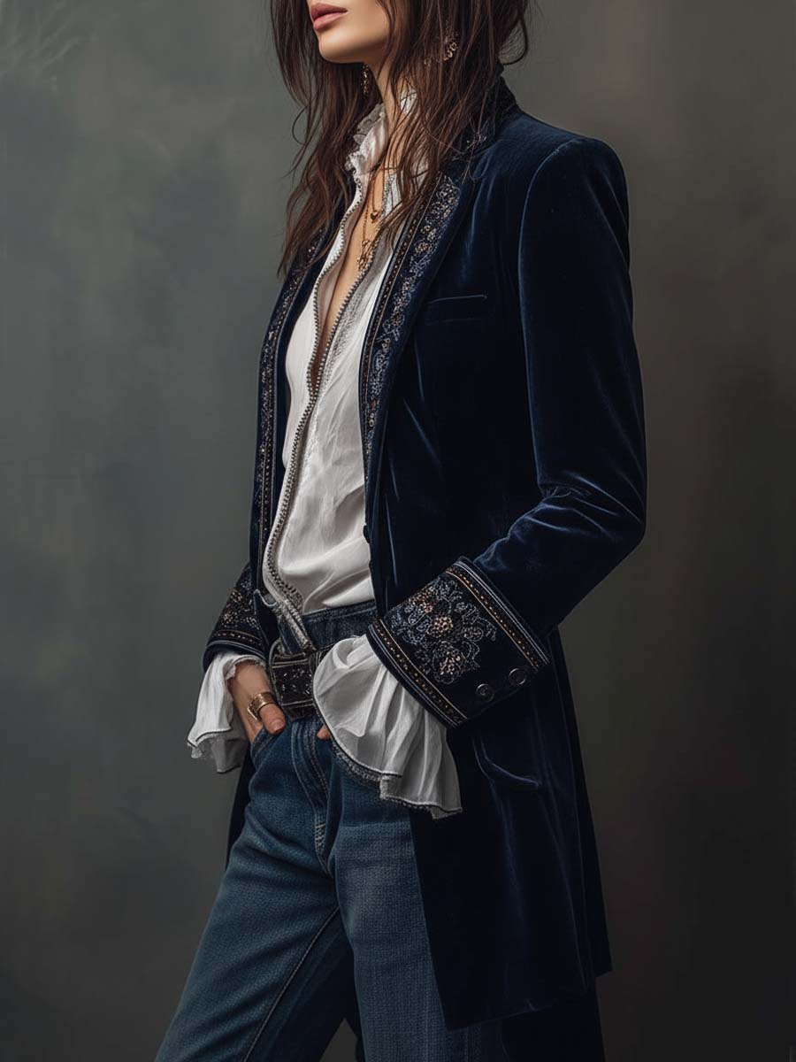 Roseanne – Embroidered Velvet-Look Long Jacket