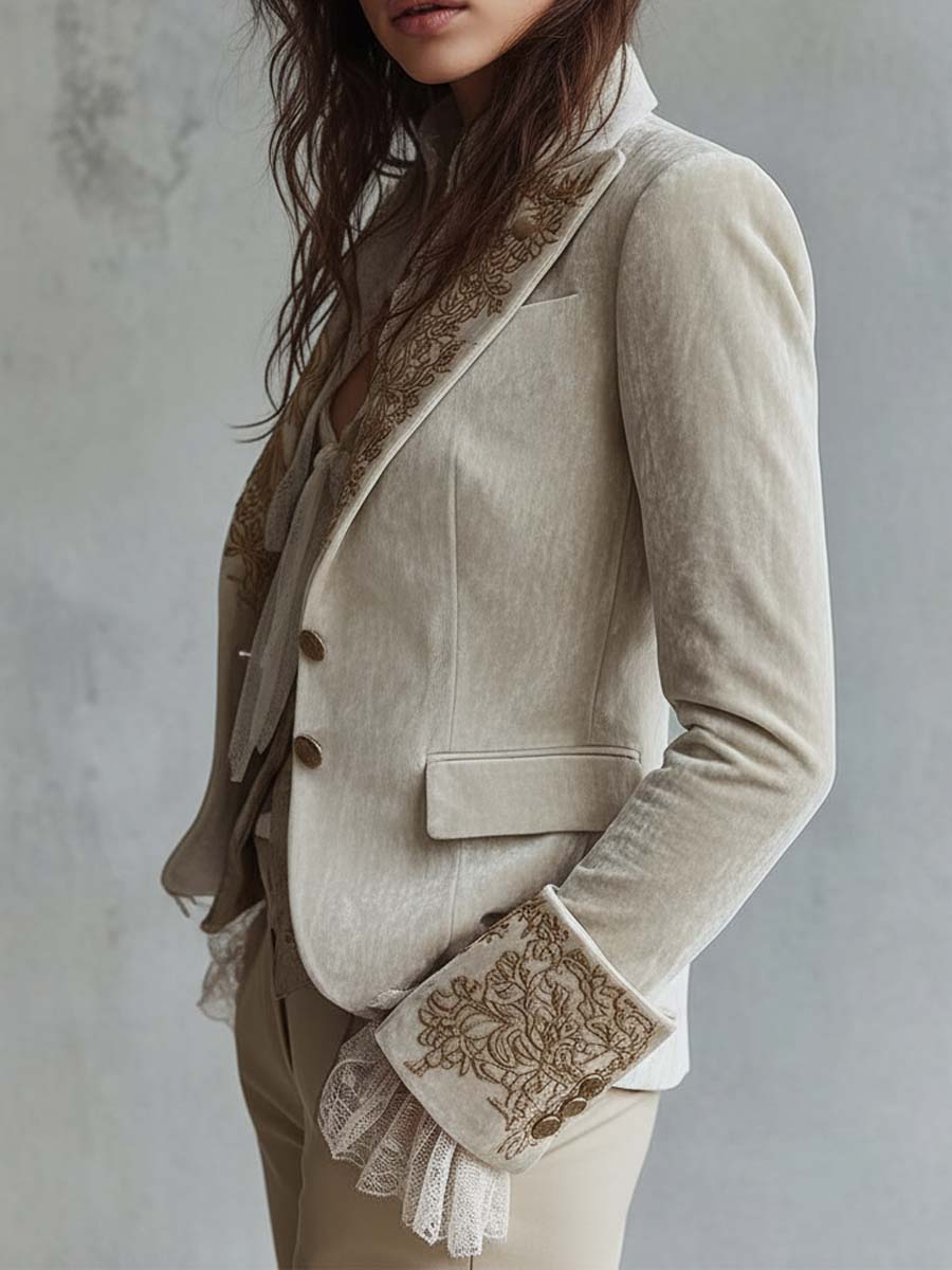 Hermione – Embroidered Blazer with Lace Cuff Detail
