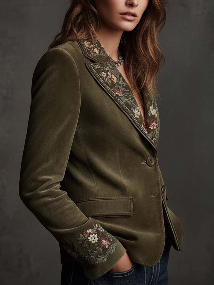 Dilys – Embroidered Floral Velvet-Look Blazer