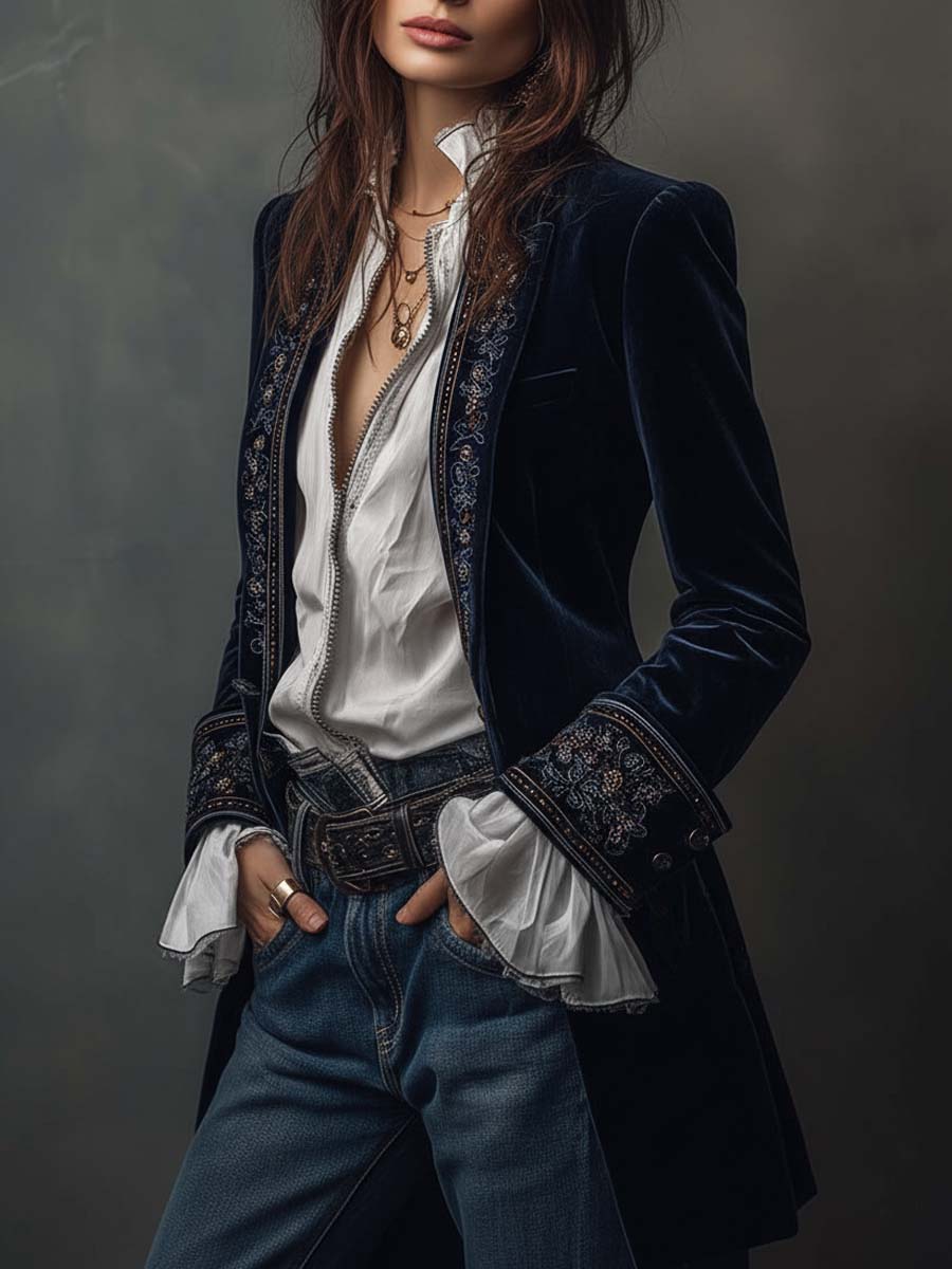 Roseanne – Embroidered Velvet-Look Long Jacket