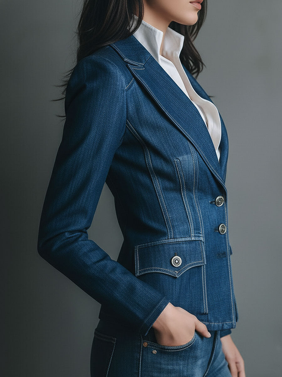 Hazel – Fitted Denim-Look Blazer with Pockets