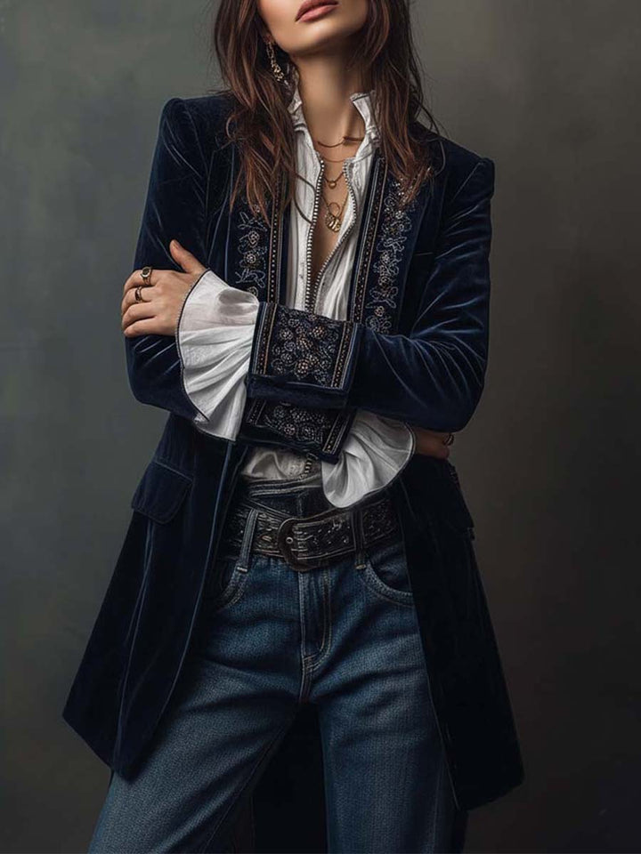 Roseanne – Embroidered Velvet-Look Long Jacket