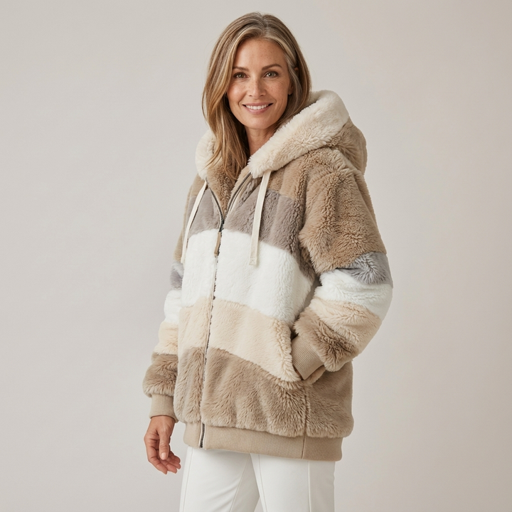 Juliet – Cosy Striped Faux Fur Hooded Jacket