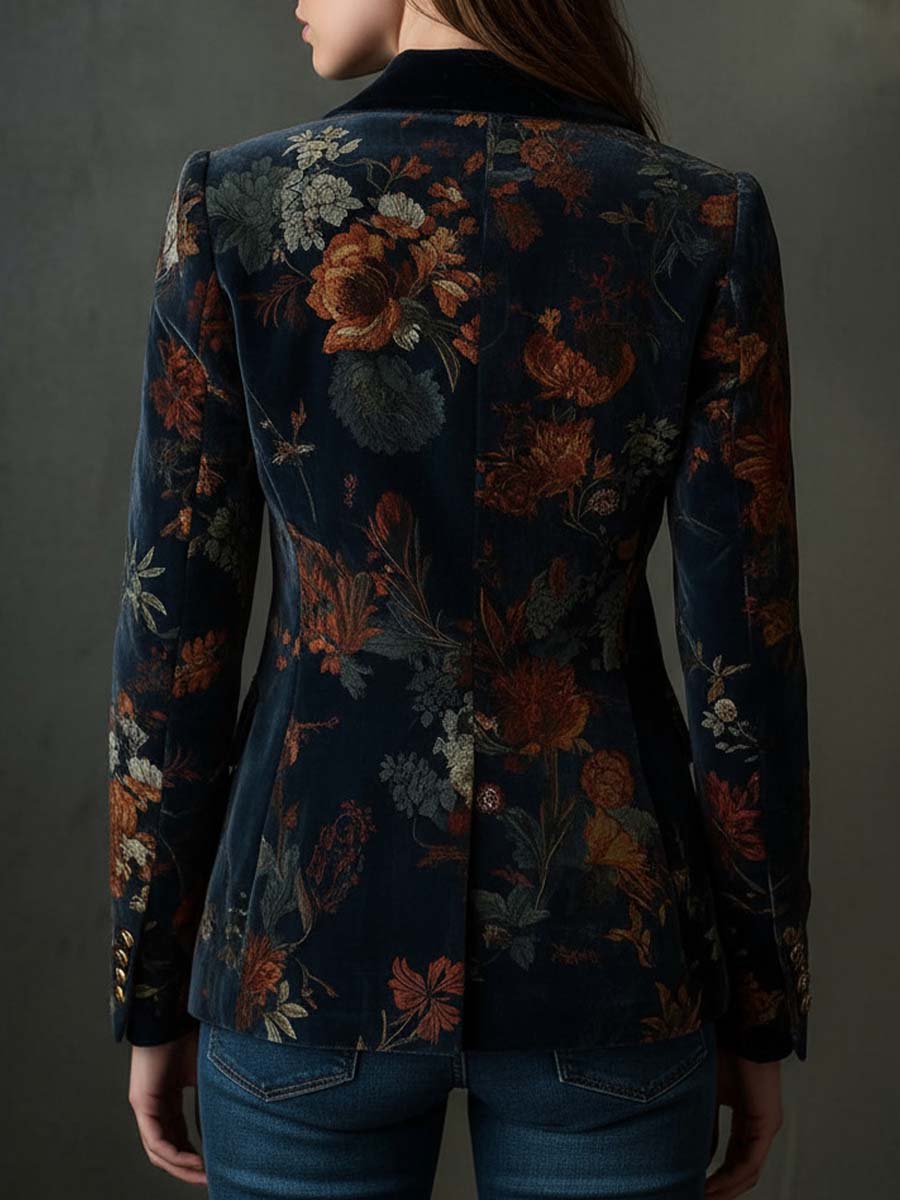 Sheena – Floral Velvet Blazer with Gold Buttons