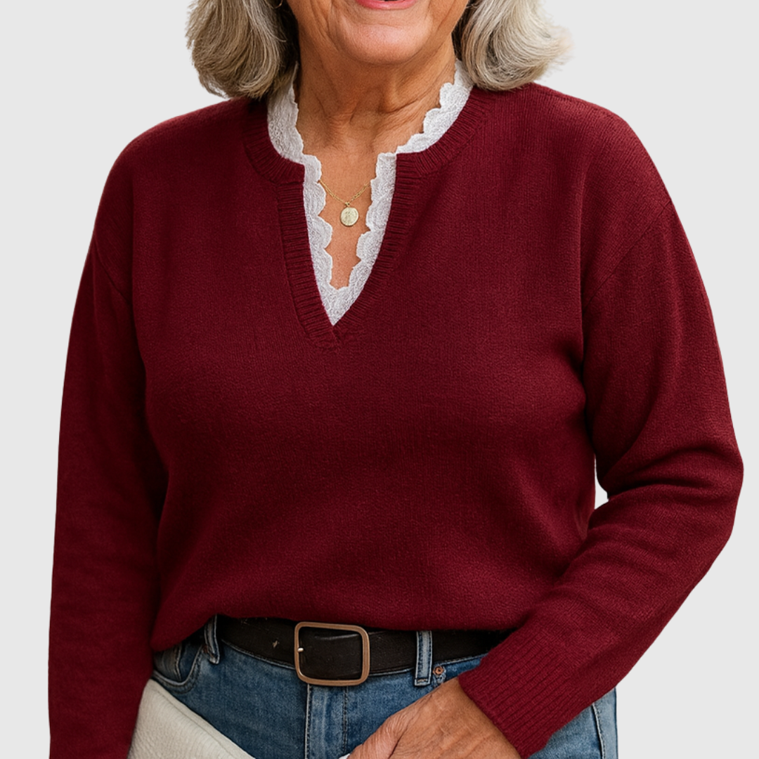 Iris – Lace-Trim V-Neck Knit Jumper