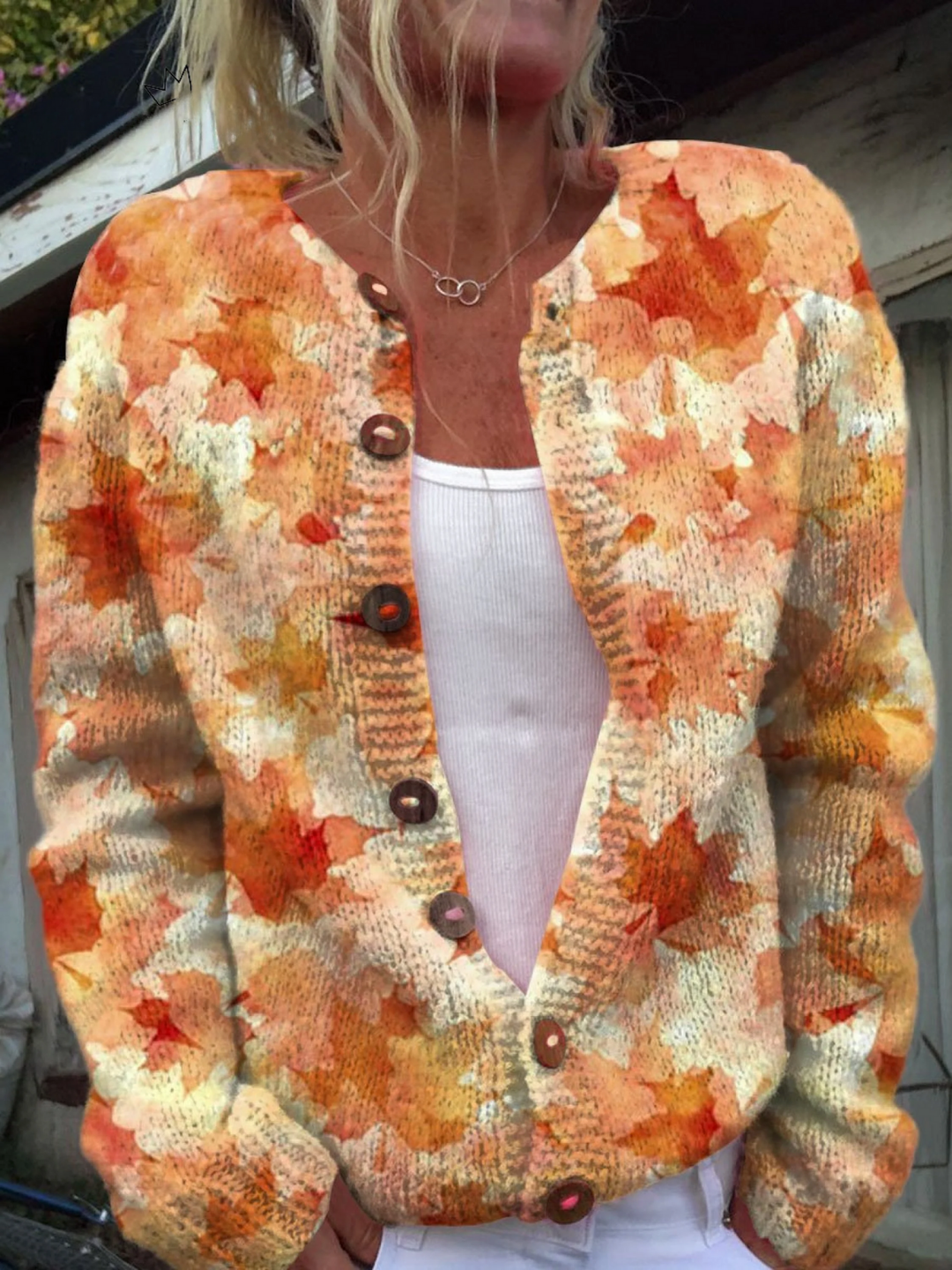 Brenda – Vintage Leaf Print Knit Cardigan