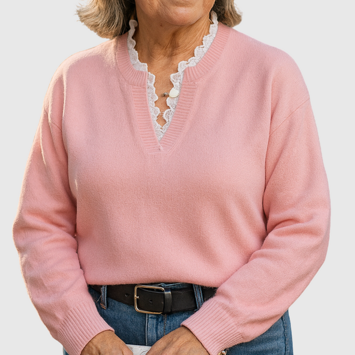 Iris – Lace-Trim V-Neck Knit Jumper