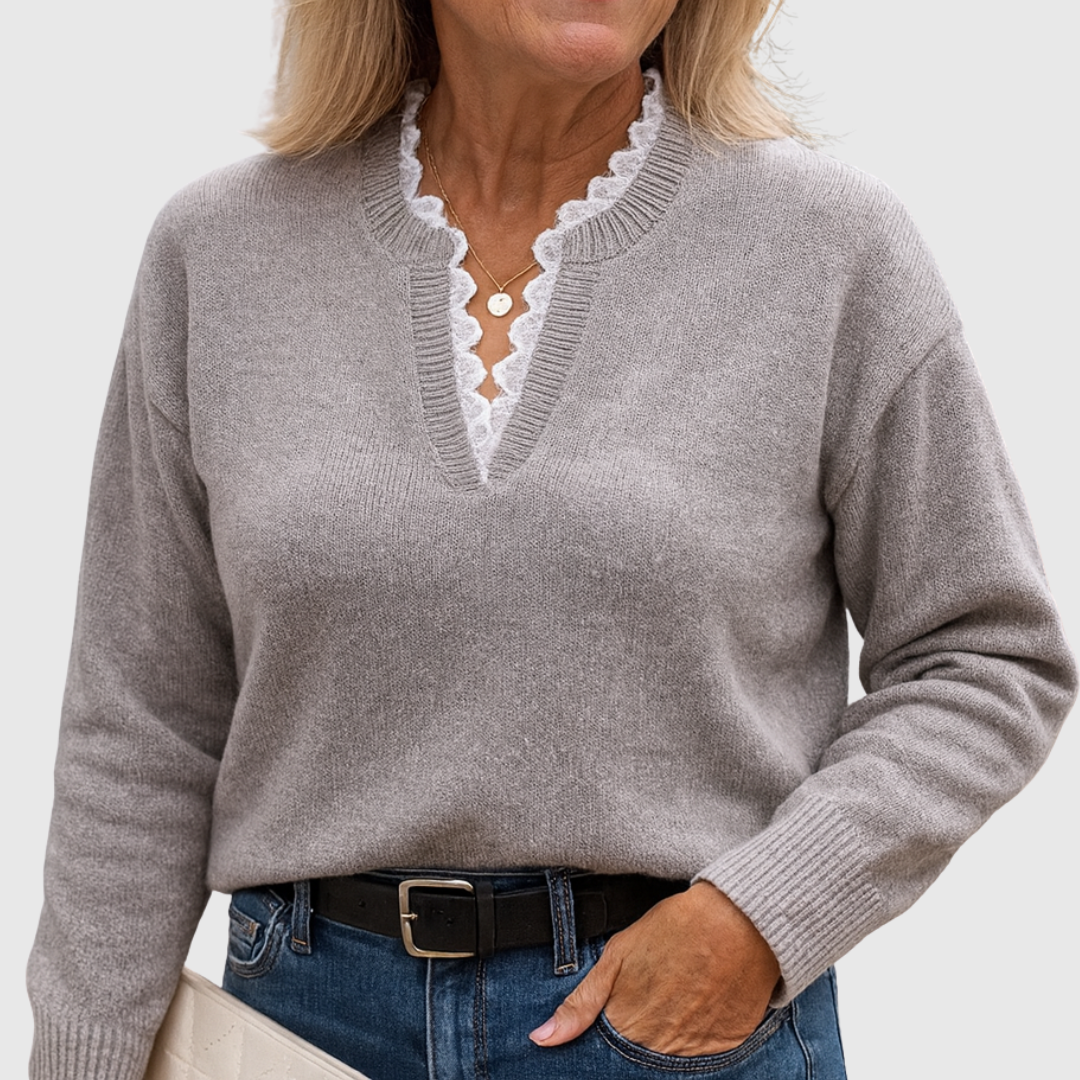 Iris – Lace-Trim V-Neck Knit Jumper