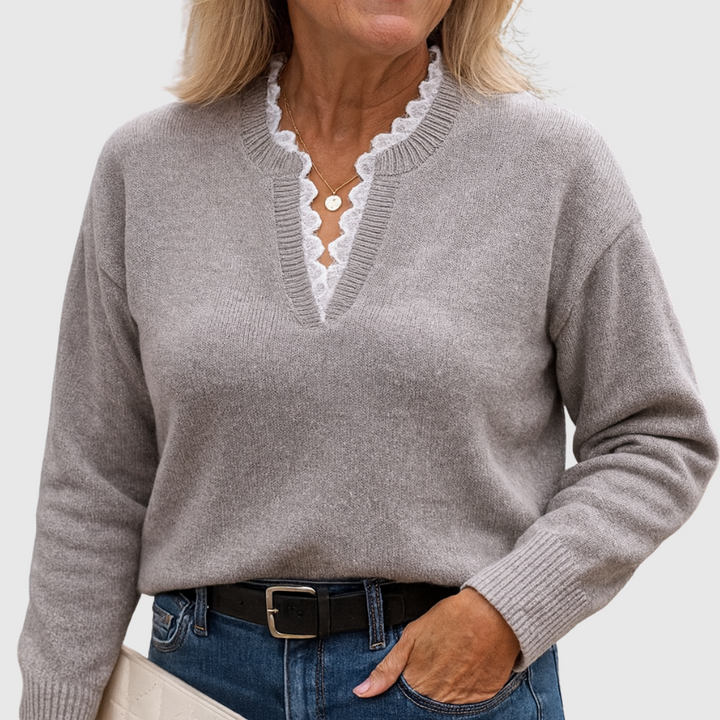 Iris – Lace-Trim V-Neck Knit Jumper
