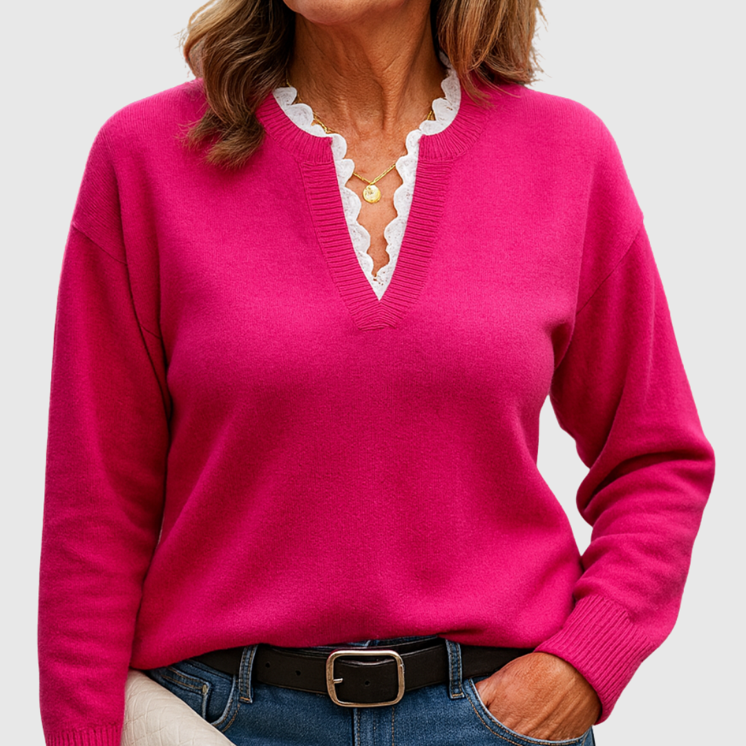 Iris – Lace-Trim V-Neck Knit Jumper