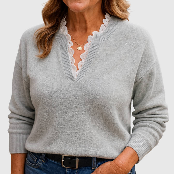 Iris – Lace-Trim V-Neck Knit Jumper