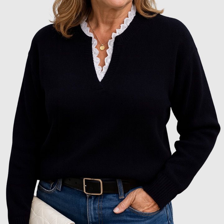 Iris – Lace-Trim V-Neck Knit Jumper