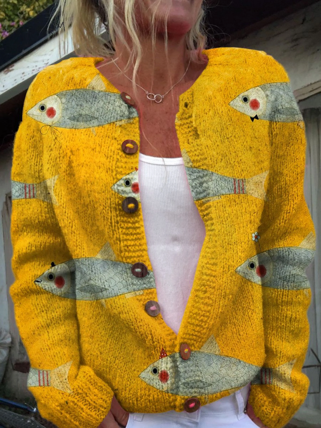 Georgiana – Vintage Knit Fish Print Cardigan