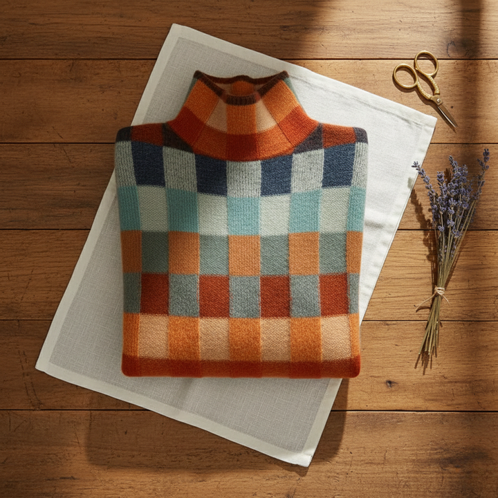 Hilda – Turtleneck Checkered Knit Jumper