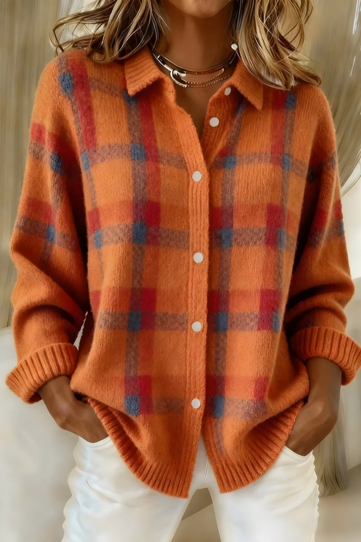 Trudy – Plaid Knit Button-Up Cardigan