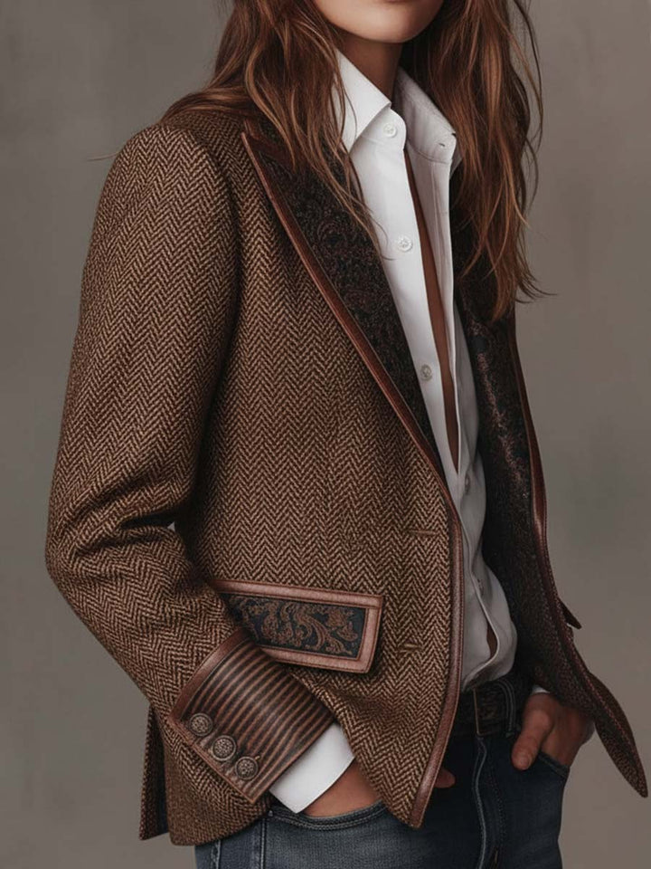 Esme – Herringbone Blazer with Printed Panels