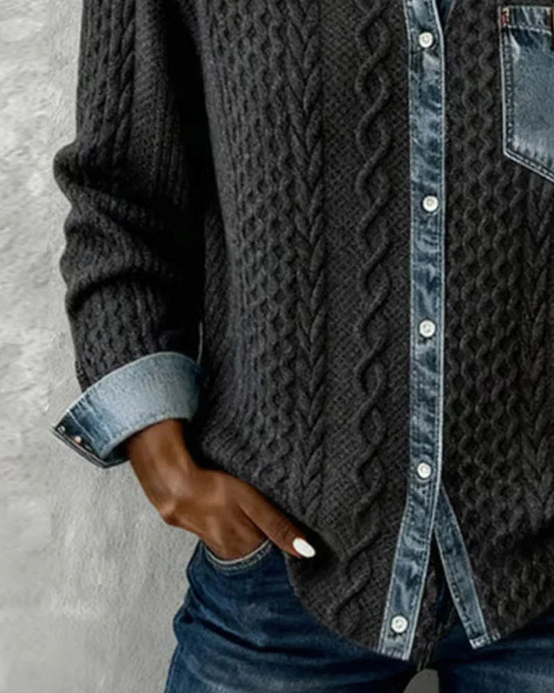 Blodwen – Cable Knit Denim Patchwork Shirt