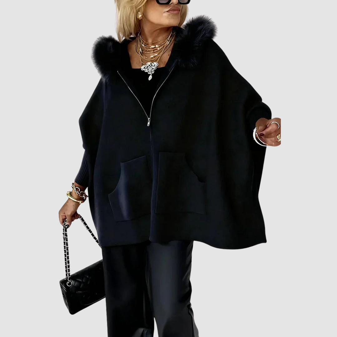 Doreen – Faux Fur Hood Poncho Coat