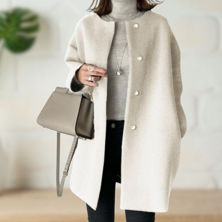 Cheryl – Mid-Length Collarless Button Coat