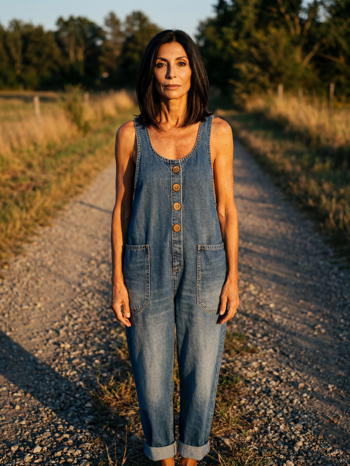 Madelyn | Rooster-Print Denim Dungarees