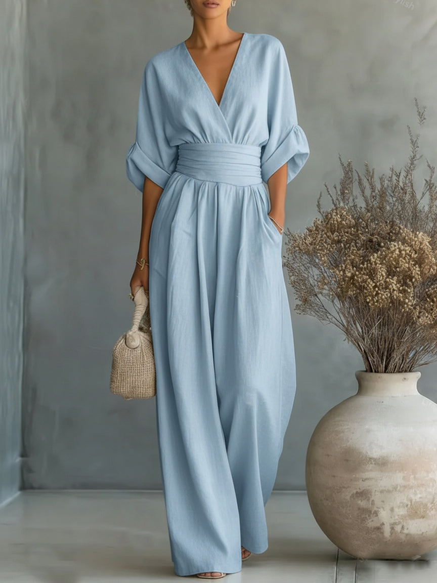 Beverley – Wide-Leg Belted V-Neck Jumpsuit