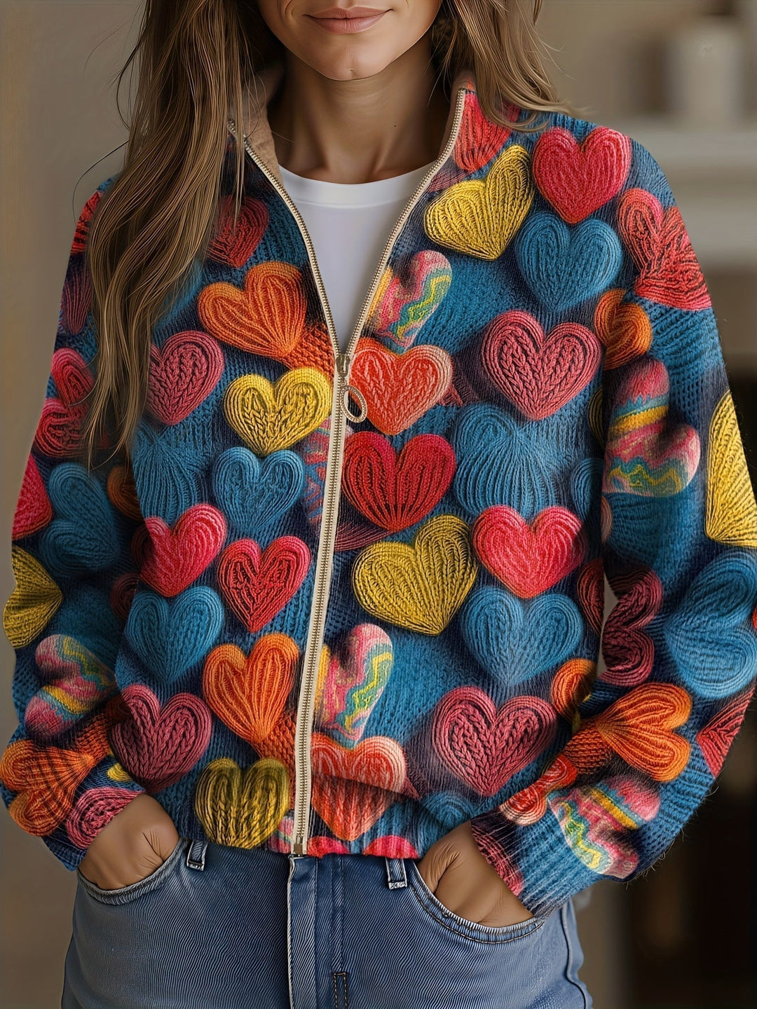 Clodagh – Heart Print Zip-Up Knit Jacket